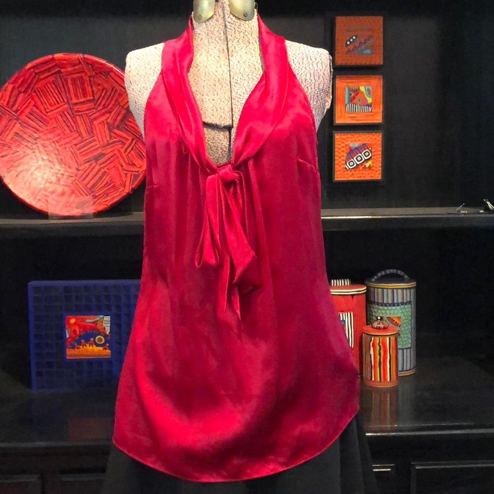 White House Black Market Red 100% silk top with beautiful tie-front detailing